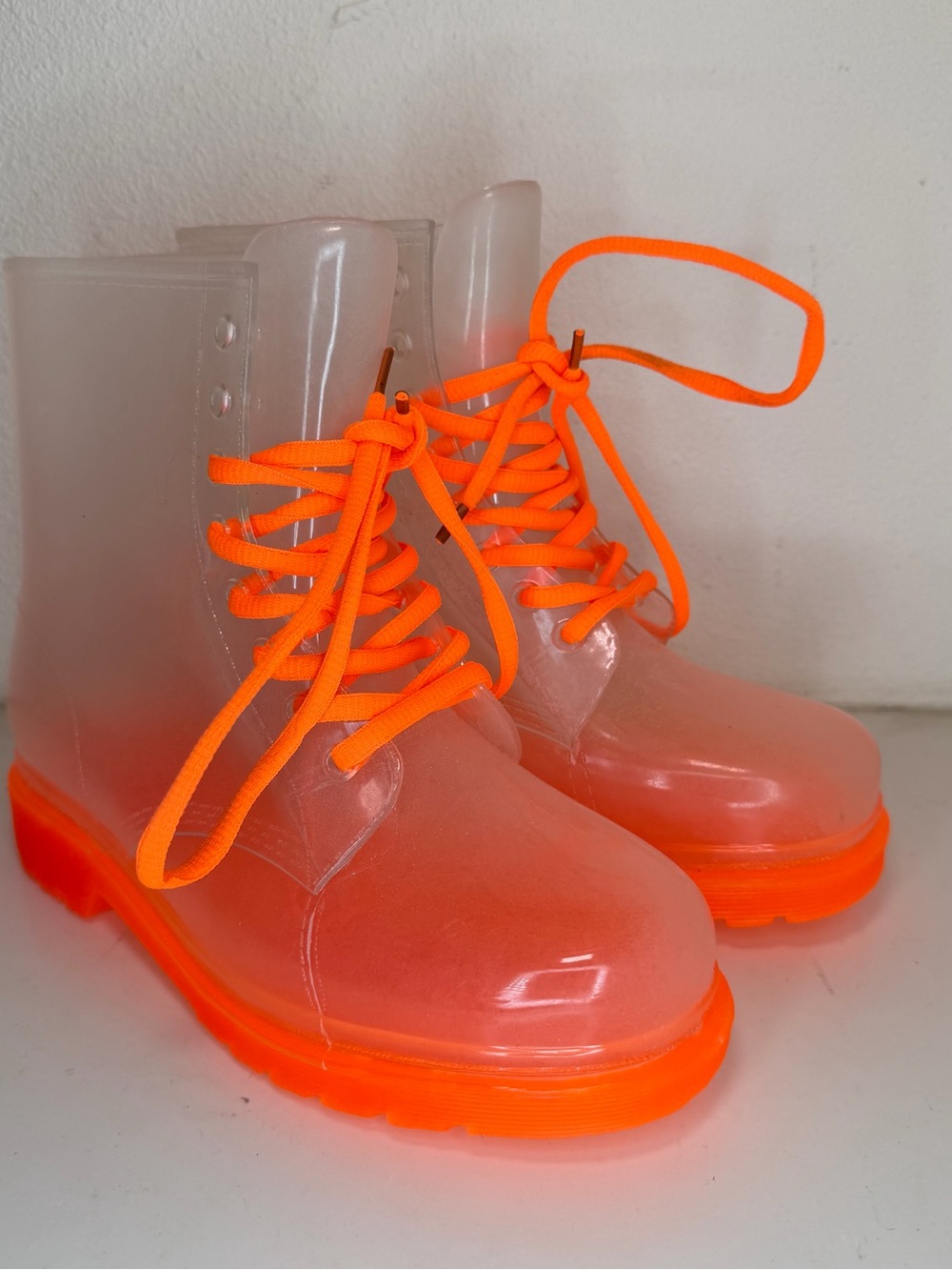 Transparent Jelly Lace-Up Boots with Neon Orange Accents
